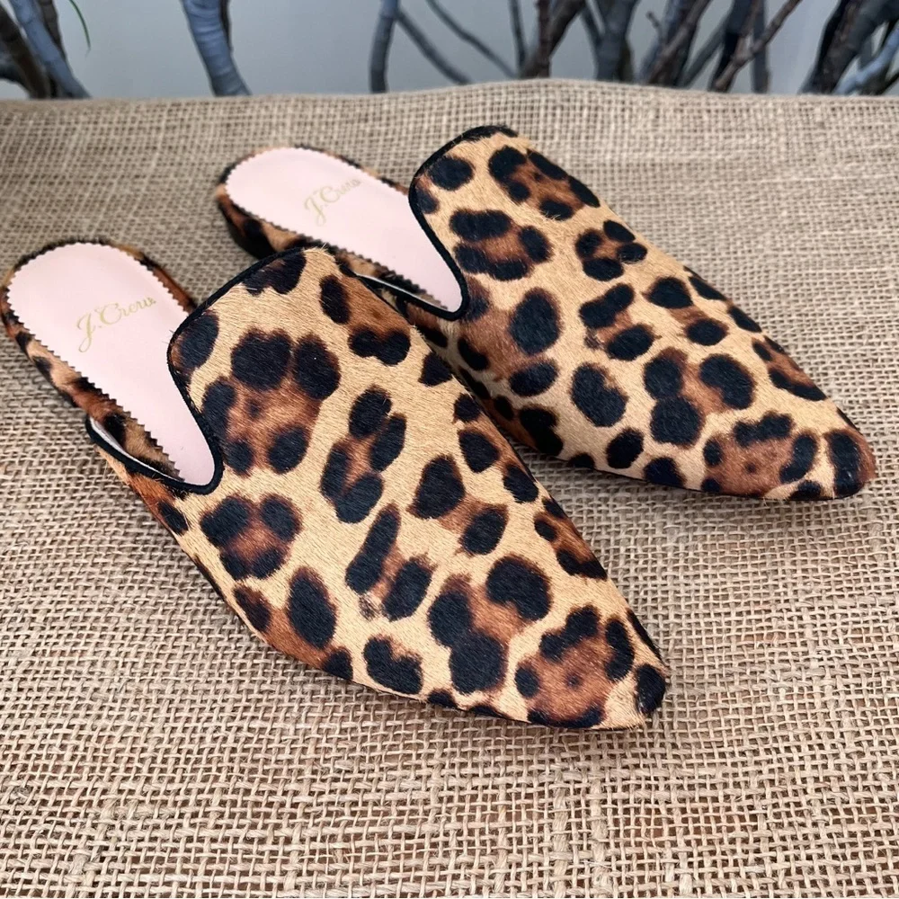 J. Crew Leopard Calf Hair Pointed Toe Flat Slides Size 5.5
